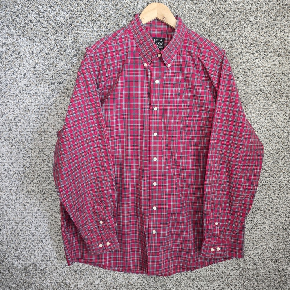 Jos A Bank Dress Shirt Mens XL Red Plaid Button Down Travelers Collection Cotton